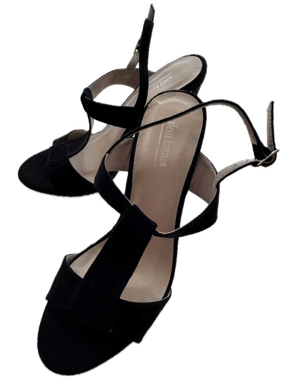 Alexis Harrison Black Suede T-Strap Heels Gold Heel Accent Size 7